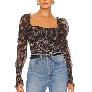 Free People Brunch Date Bodysuit, Small, Black Floral Combo, New With Tags
